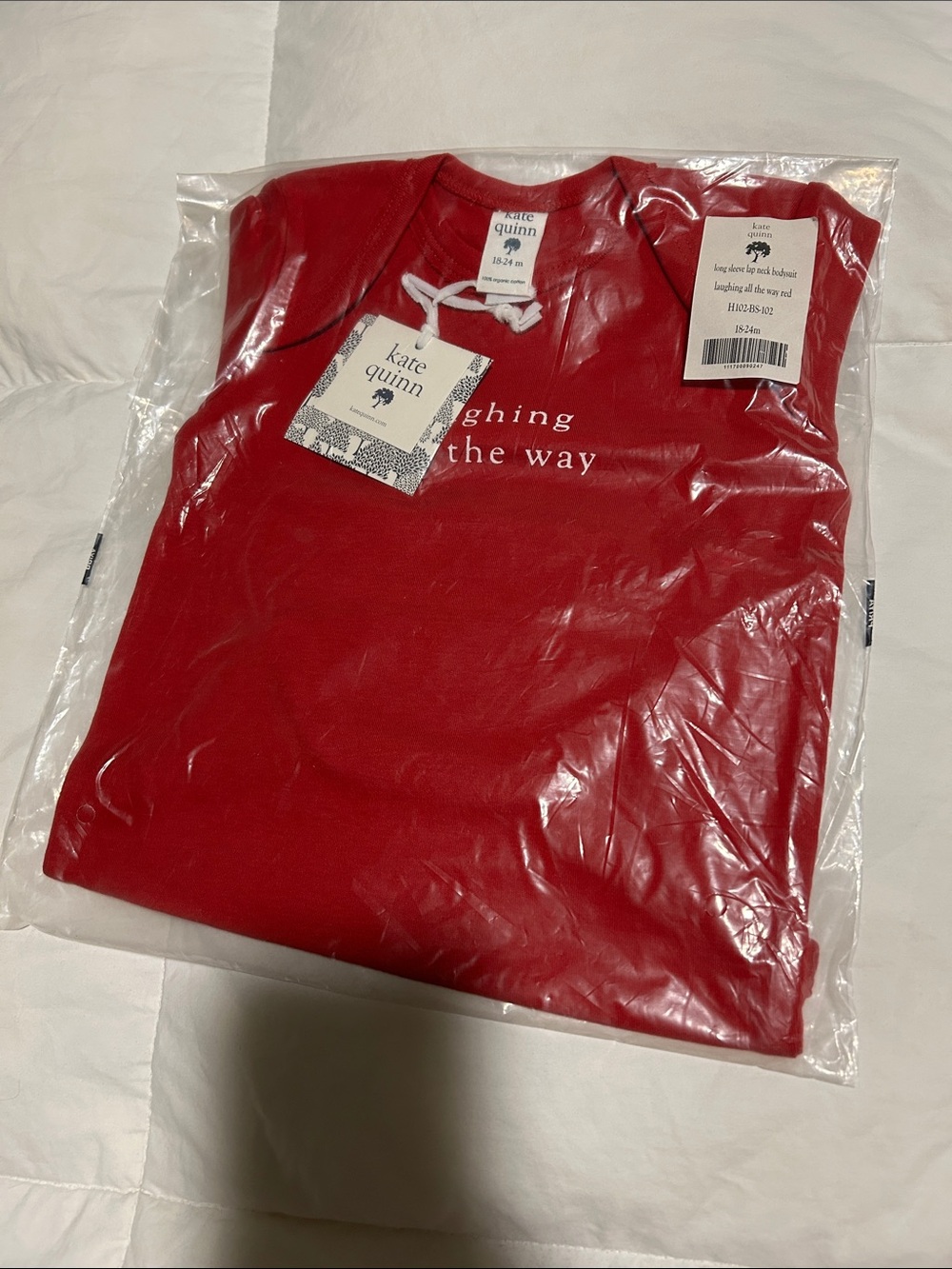 NIB kate quinn “laughing all the way” red cotton long sleeve lap neck bodysuit